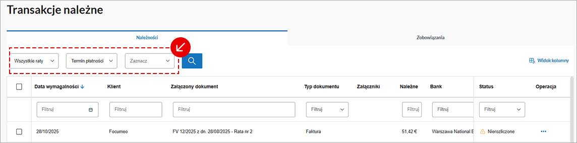 Ekran filtrowania faktur po dacie dokumentu